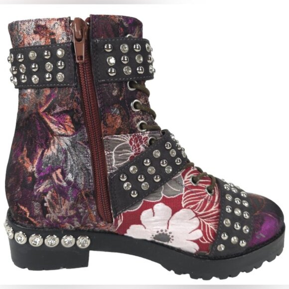 NWB JEFFREY CAMPBELL SLAM-2ST Red Grey Floral Silver Studded Buckle Boots Sz 6M - Picture 4 of 16